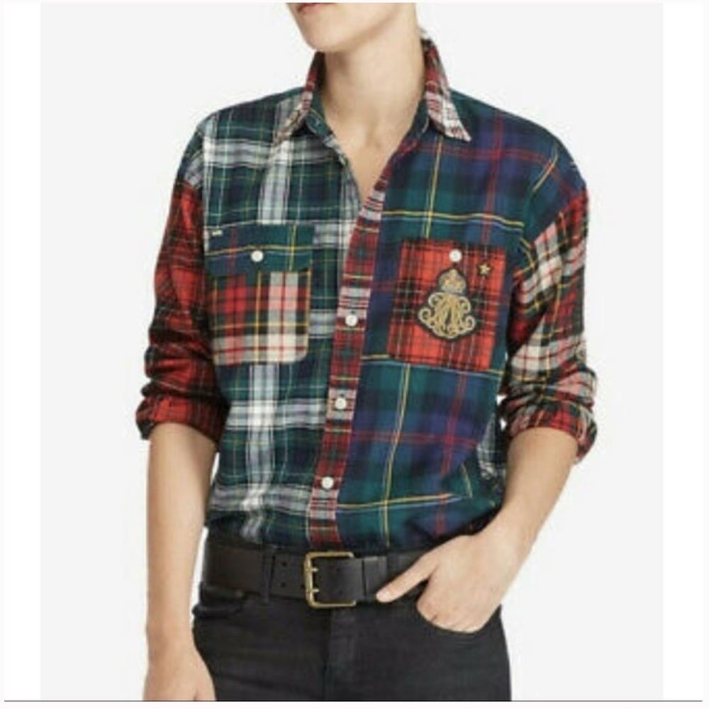 Polo Ralph Lauren Patchwork flannel crest emblem button up shirt top